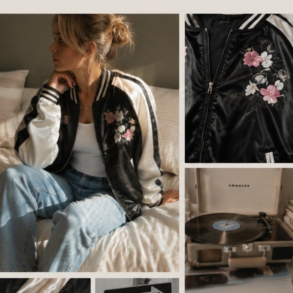 Odyn Womens XL Satin Floral Embroidered Bomber Jacket Black White Sporty Retro